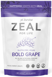 Zurvita Zeal for Life bold grape powder tub with scoop for daily nutrition.
