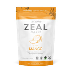 Zurvita Zeal for Life Mango tub front showing gluten-free vegan wellness powder for daily nourishment.