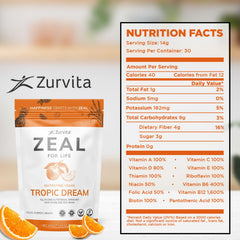 Close-up of Zurvita Zeal for Life Tropic Dream label highlighting the berry flavor.