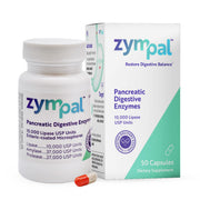 ZYMPAL Pancreatic Digestive Enzymes bottle with 50 capsules for high-potency digestion.
