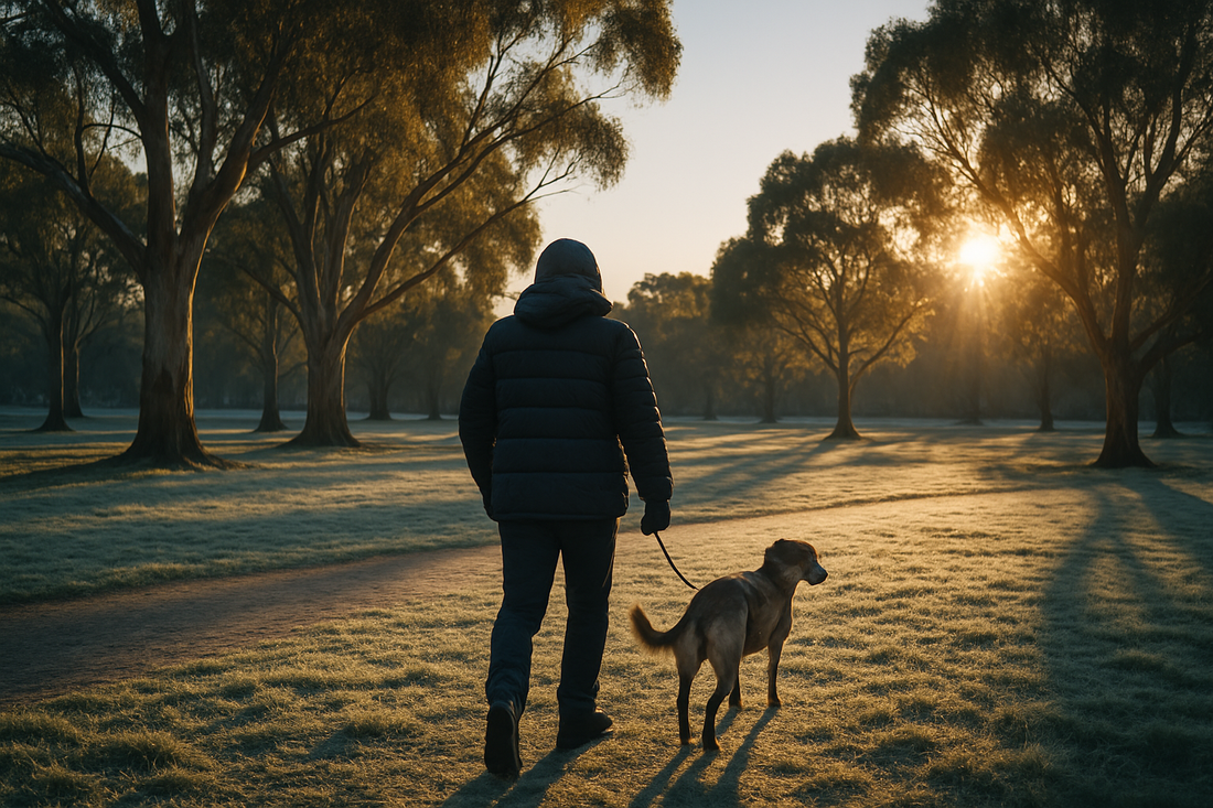 Winter morning walk in low golden sun in an Australian park