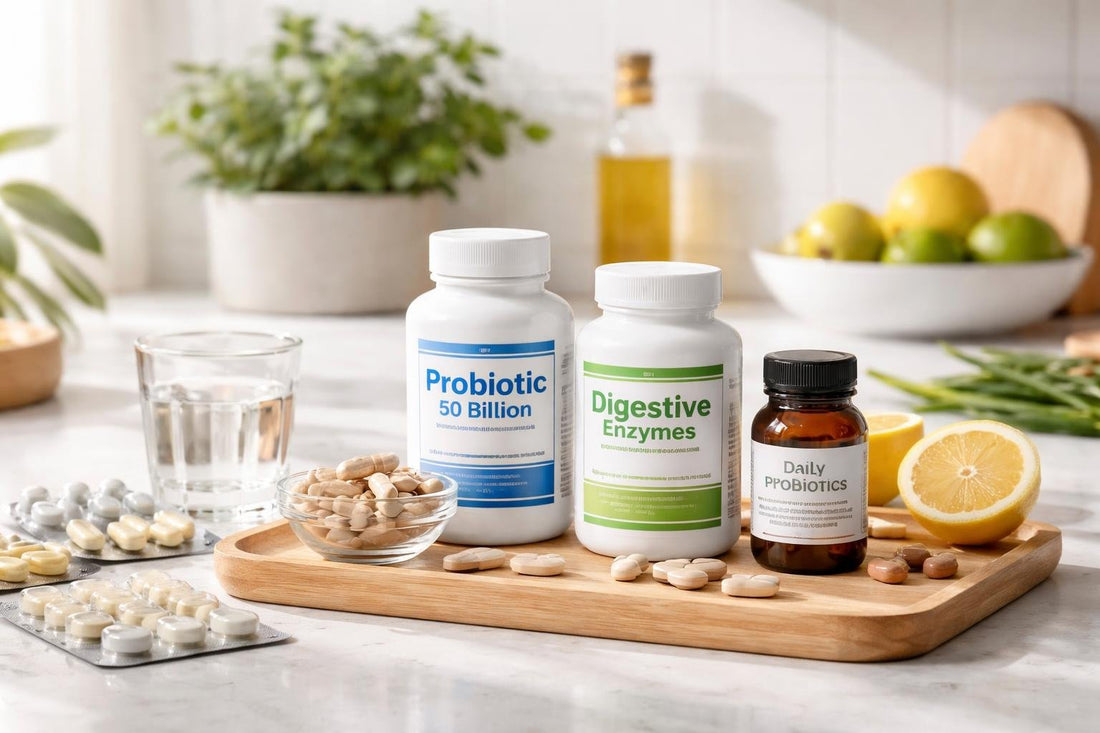 Digestive supplements selection including probiotics and enzymes