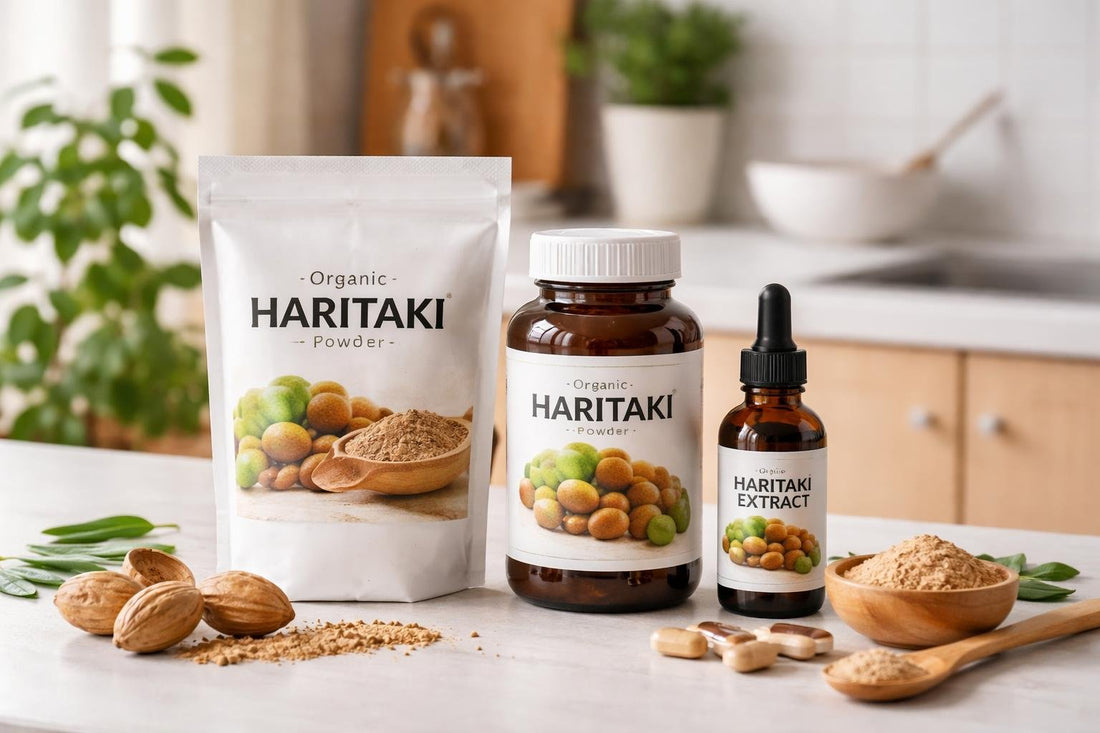 Haritaki herbal supplement range bottles and powder