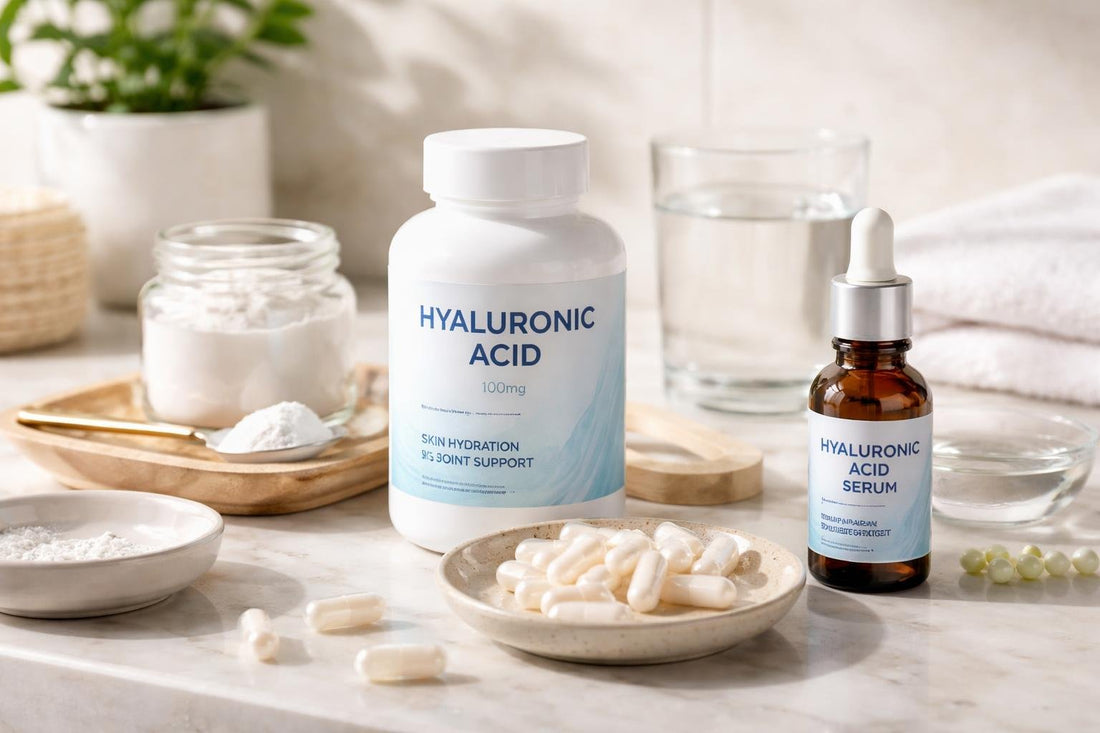Bottles and powder of hyaluronic acid supplements on counter