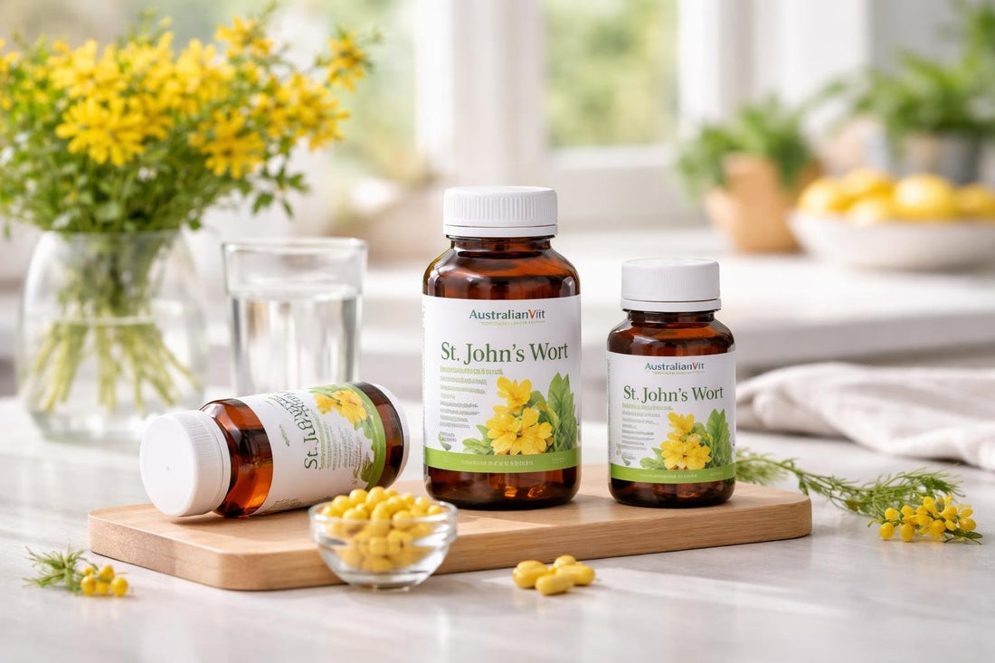St John's Wort supplement bottles and capsules close-up