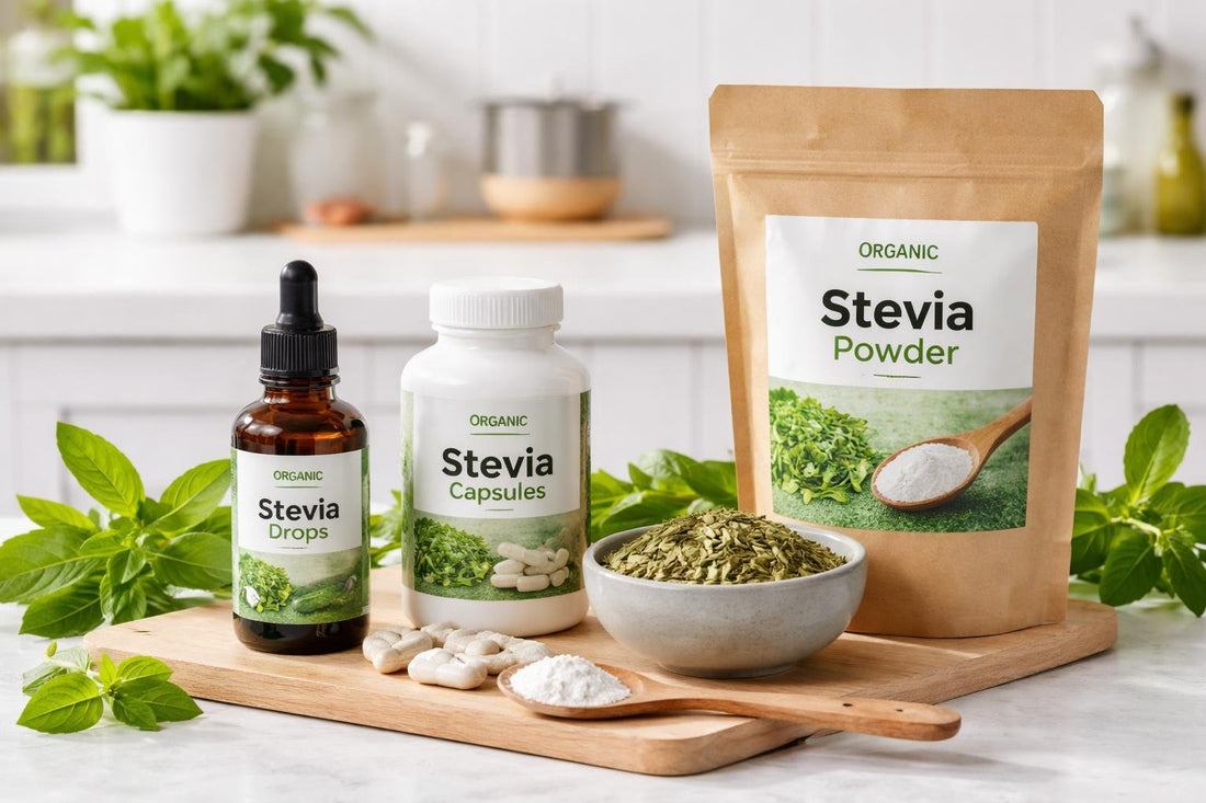 Assorted stevia supplements: drops capsules powder and leaf