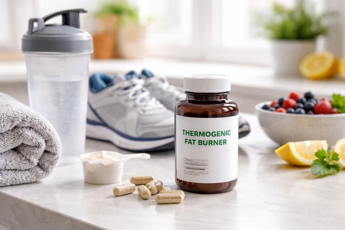 Thermogenic supplement bottle with gym gear