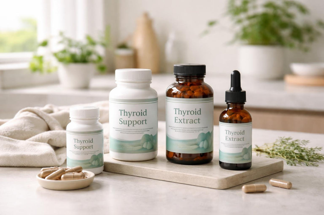 Selection of thyroid extract supplement bottles and drops