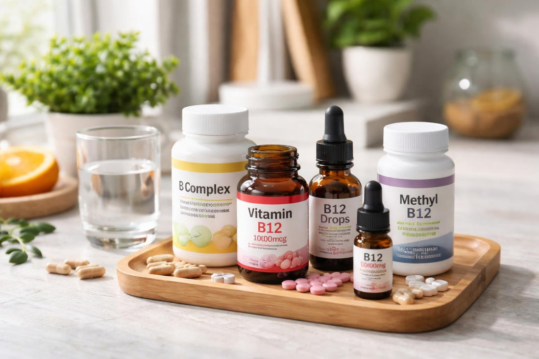 Assorted vitamin B supplement bottles, drops and sublingual tablets