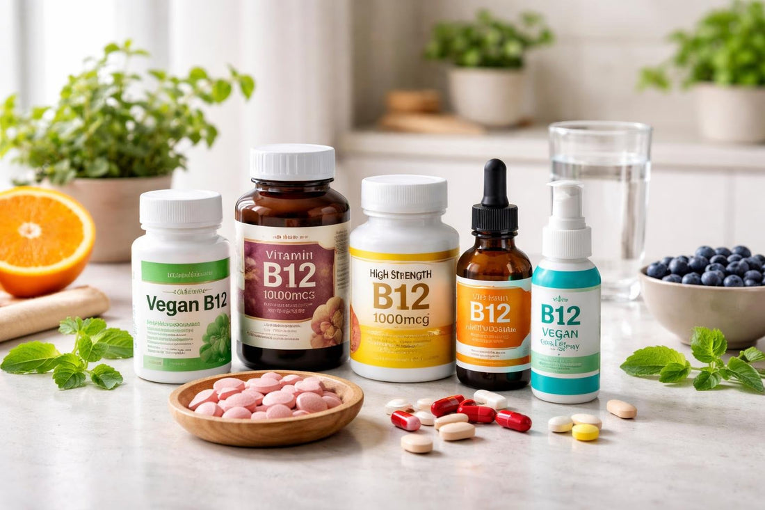 Assorted vitamin B12 supplements and chewables on table