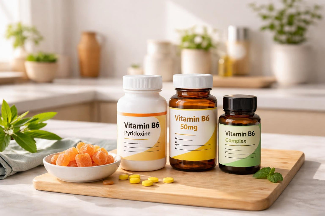 Vitamin B6 supplement bottles and gummies on table