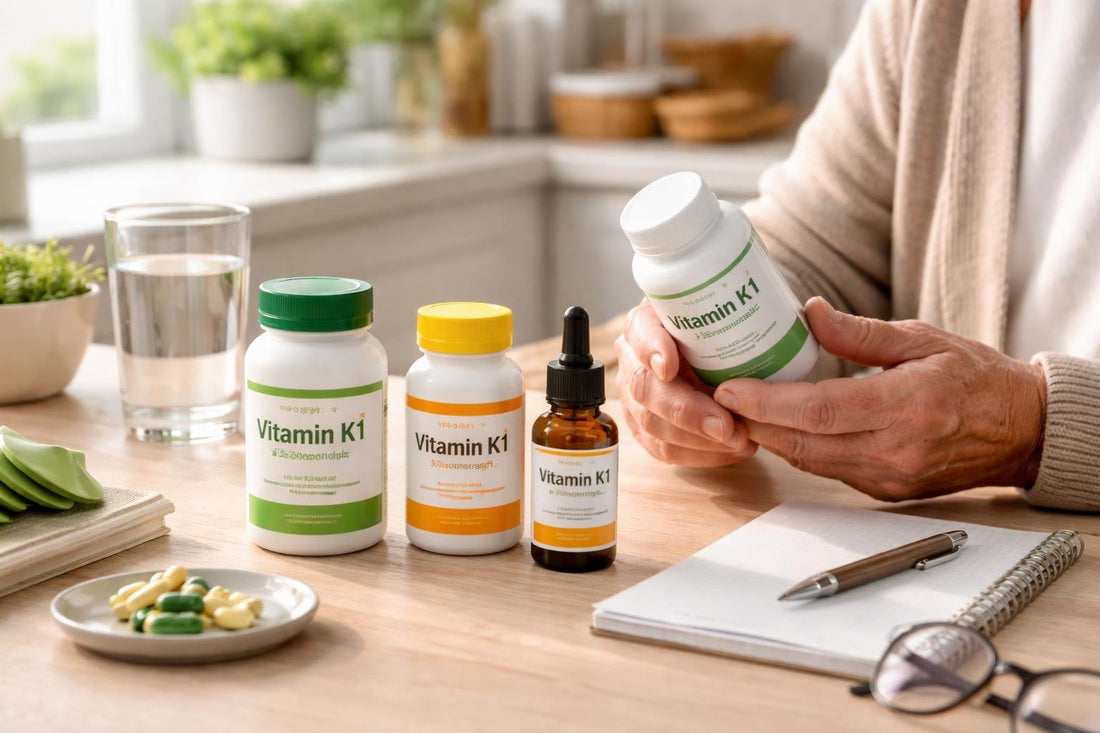 Senior checking Vitamin K1 supplement labels