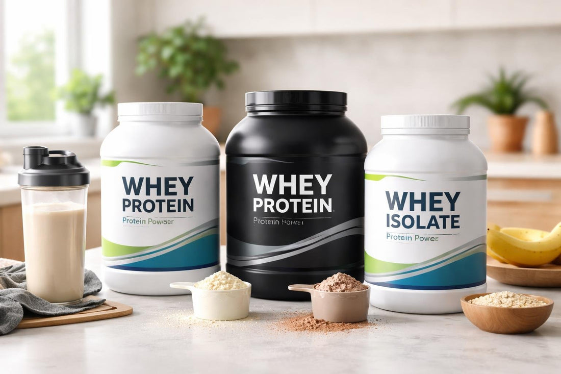 assorted whey protein powder tubs and scoops