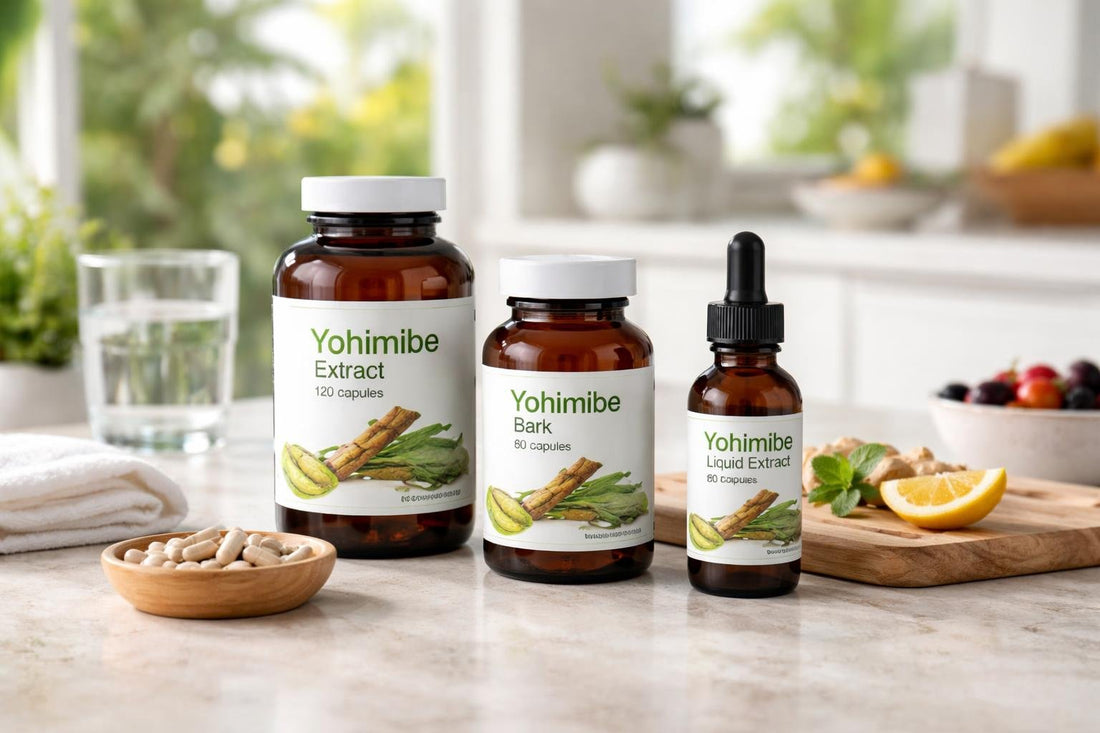 Yohimbe herbal supplement range bottles on Queensland countertop