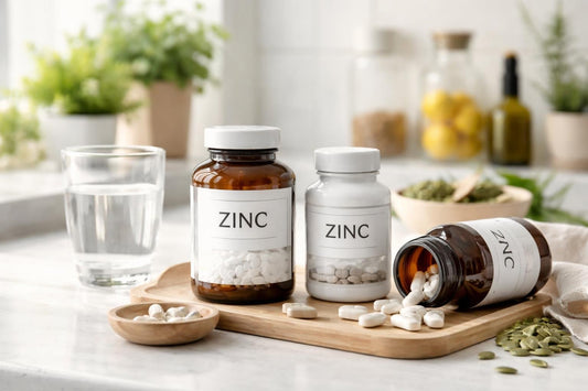 bottles of zinc supplements tablets capsules on kitchen table