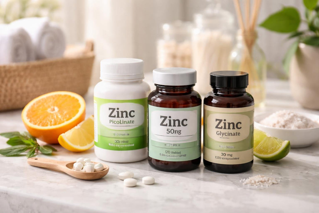 Bottles of zinc supplements with citrus and measuring spoon