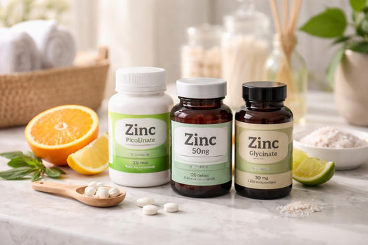 Bottles of zinc supplements with citrus and measuring spoon