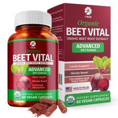 1 Body Beet Vital bottle shows a convenient, daily beetroot supplement for circulation support.