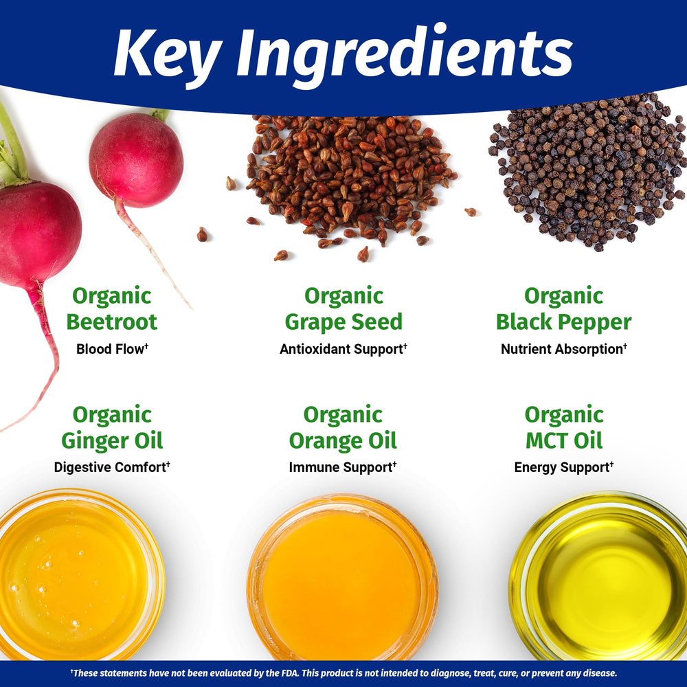 Box-front display communicates organic beetroot extract and clean plant-based ingredients.