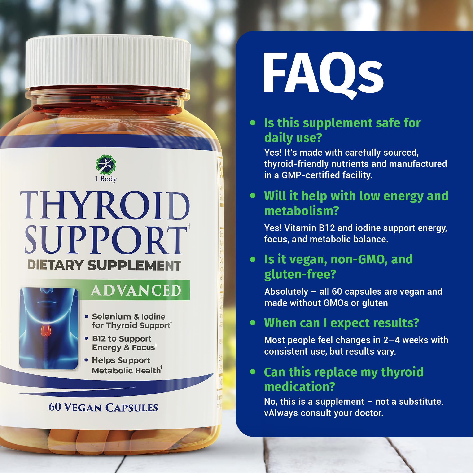 Two-capsule daily dose shown for 1 Body Thyroid Support