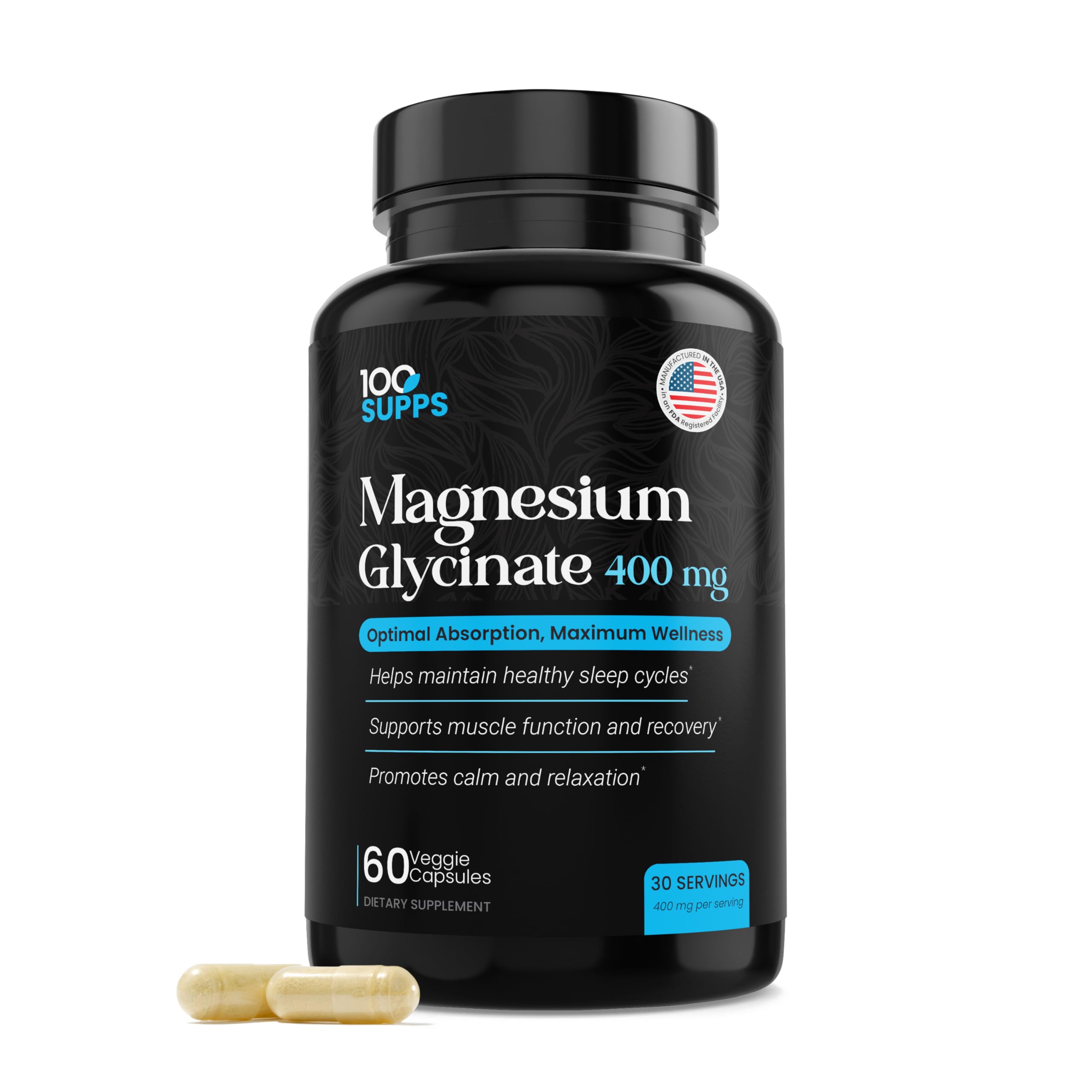 100 Supps Magnesium Glycinate bottle illustrates 60 capsules for daily mineral support