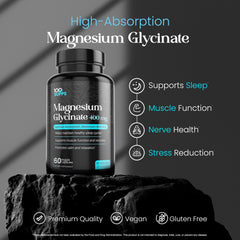 100 Supps Magnesium Glycinate capsules closeup highlights chelated 400 mg per serving
