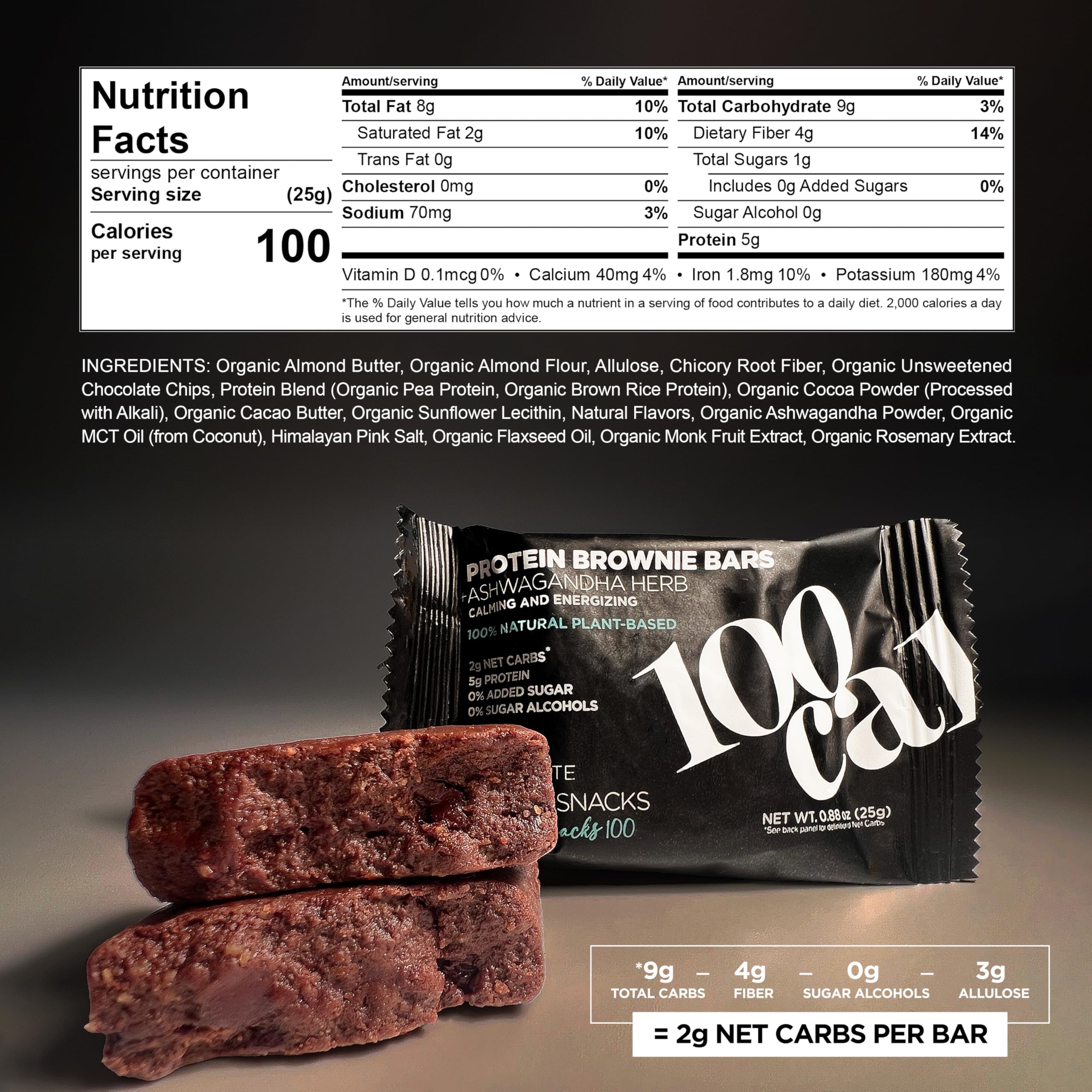 Closeup view of organic ingredients in the 100Cal chocolate brownie bar.