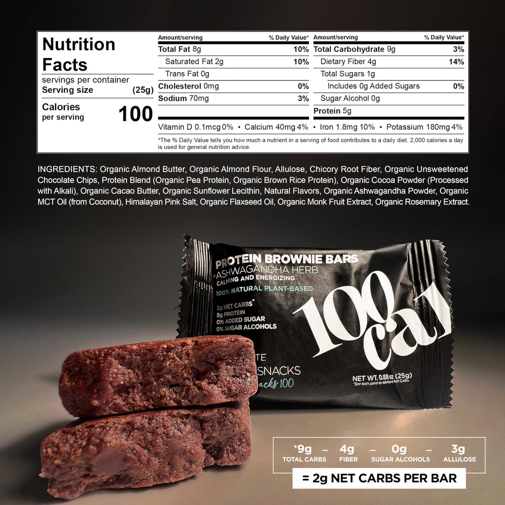 Closeup view of organic ingredients in the 100Cal chocolate brownie bar.