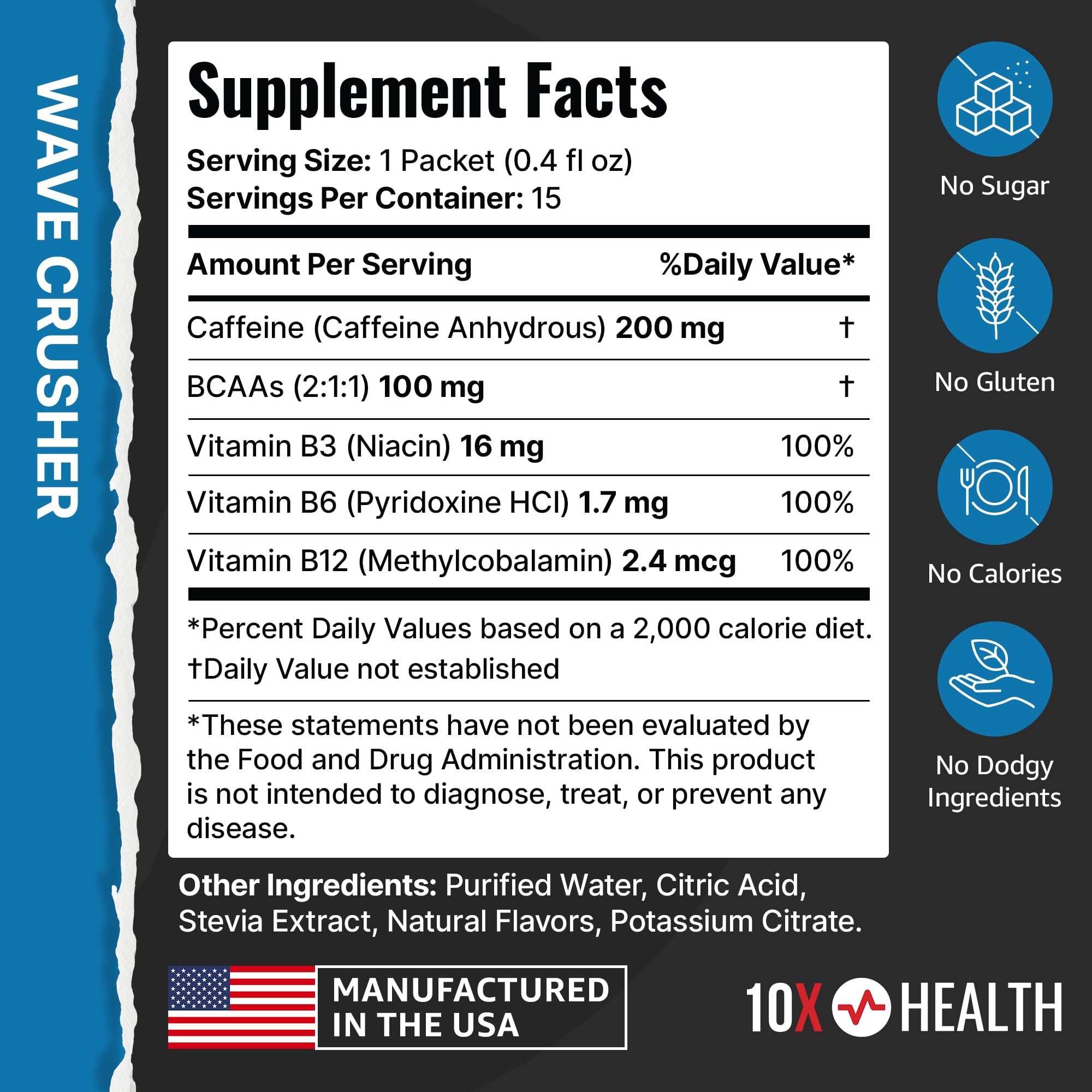Close-up of caffeine and BCAA ingredients in Energy Wave Crusher blend.