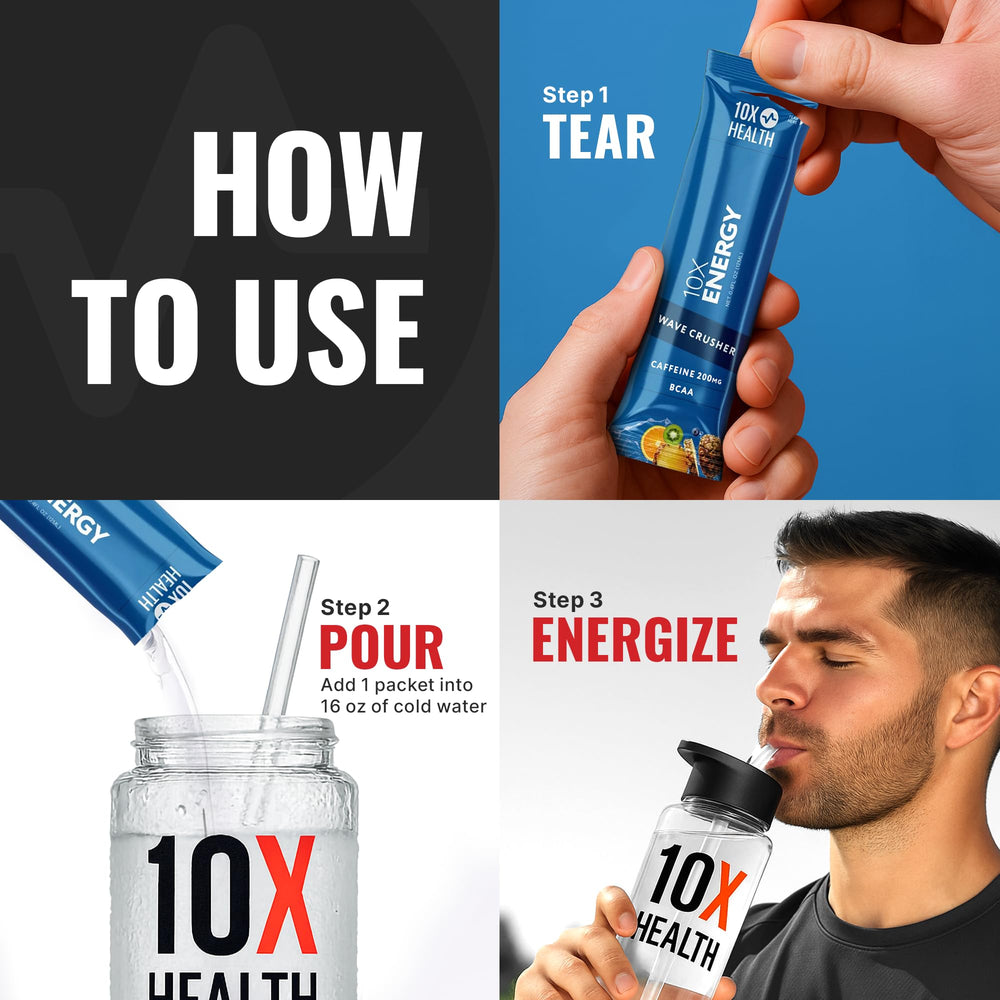 10X Health Energy Wave Crusher bottle displaying tropical punch label for on-the-go use.