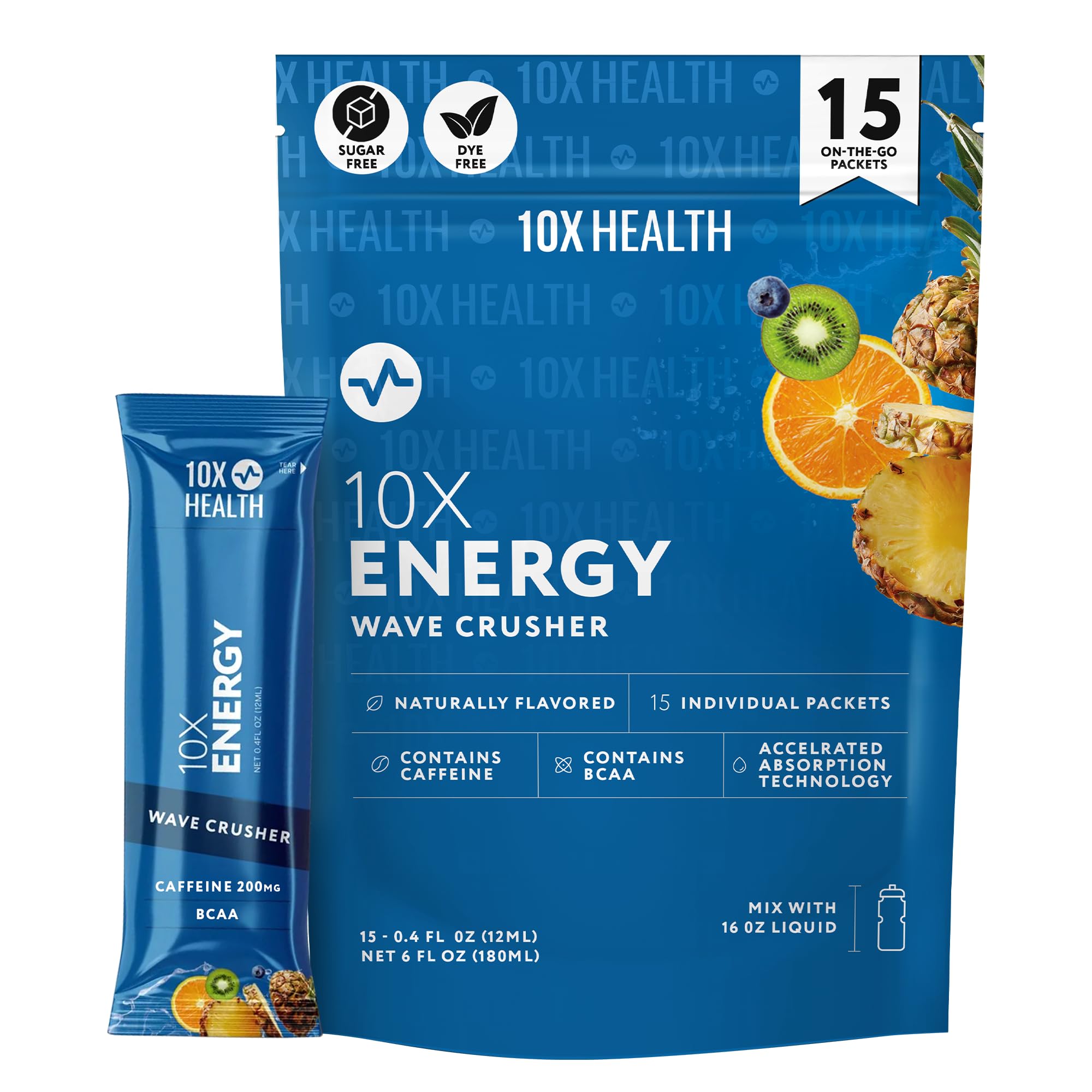 10X Health Energy Wave Crusher tropical punch packet ready to mix for a quick boost.