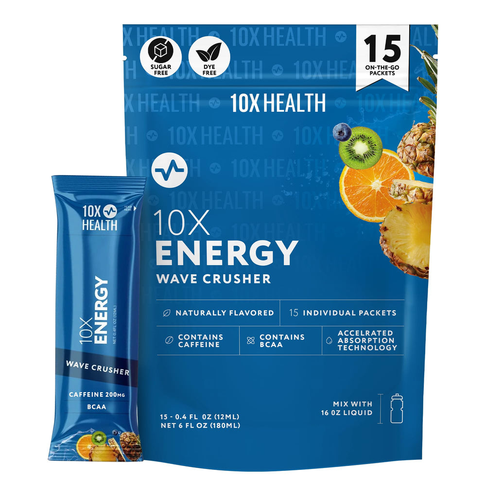 10X Health Energy Wave Crusher tropical punch packet ready to mix for a quick boost.