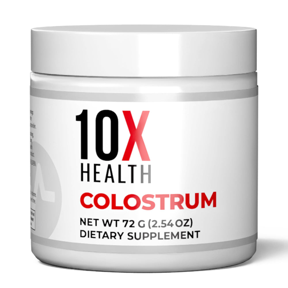 10X Health bovine colostrum powder tub closeup for daily immune support