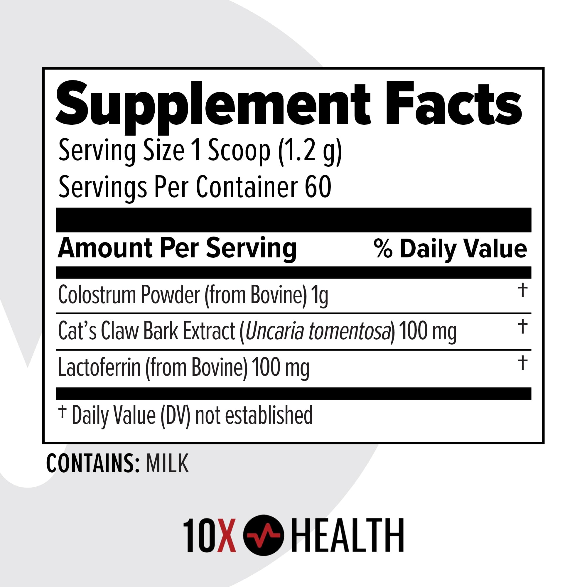 USA-made quality badge on 10X Health colostrum powder label