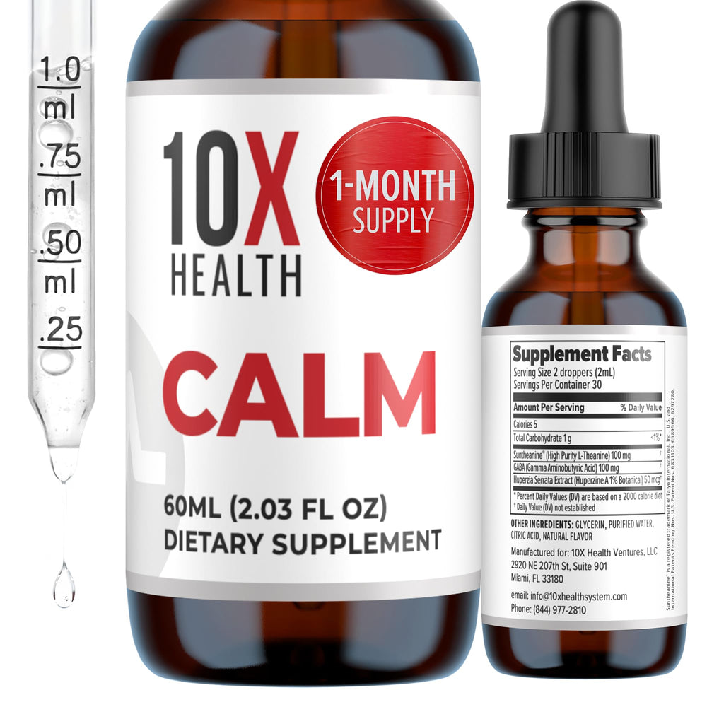 10X Health Calm Drops bottle shown for convenient daily calm and focus.