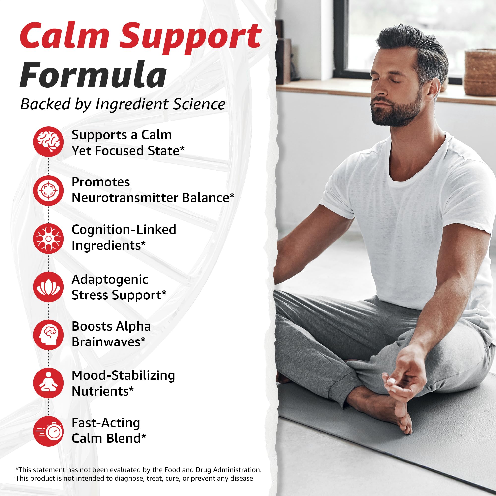 Label detailing L-Theanine and GABA blend for steady mood support.