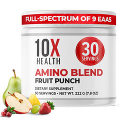 10X Health System Amino Acids bottle front shows complete EAAs and BCAAs for performance support