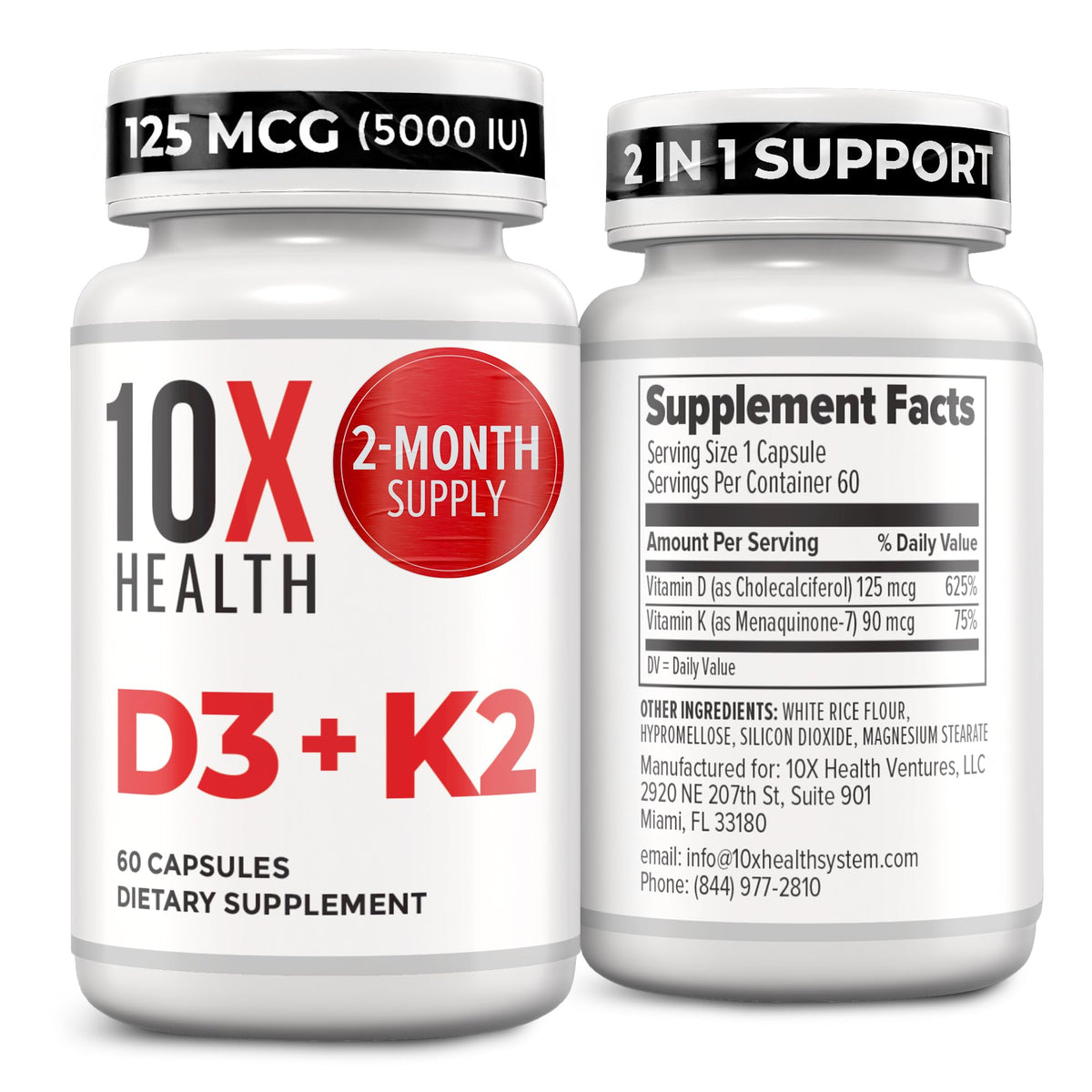 10X Health System D3K2 60 capsules bottle front for bone support.