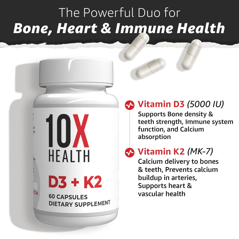 Bottle on shelf showcasing 10X Health System D3K2 for bone and heart health.