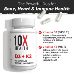 Bottle on shelf showcasing 10X Health System D3K2 for bone and heart health.