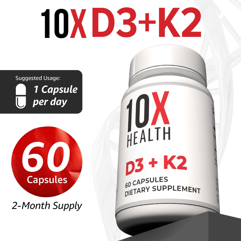 Capsules dispensing from bottle of 10X Health System D3K2 for daily use.