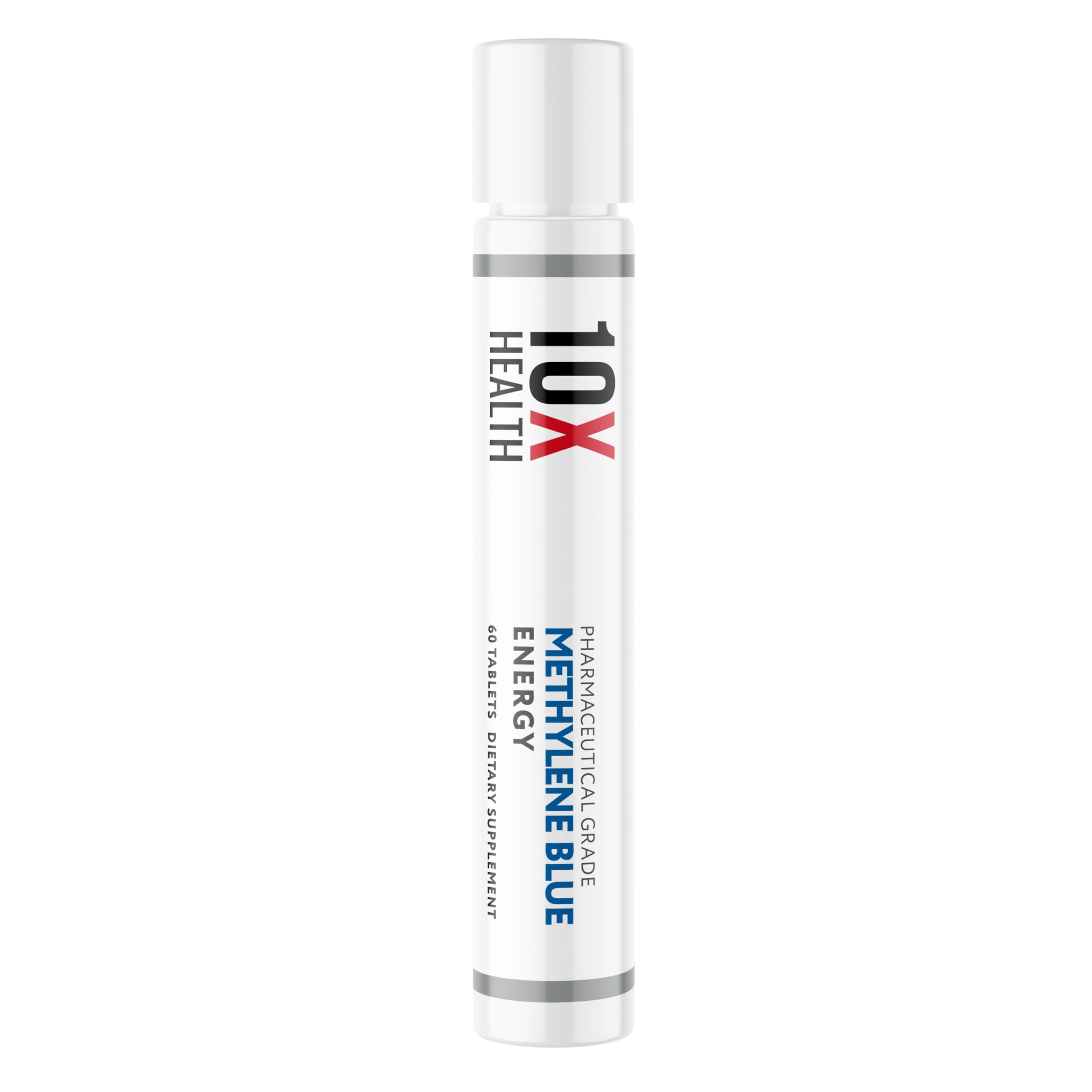 10X Health System Methylene Blue tablets black pepper extract label highlighting enhanced absorption potential.