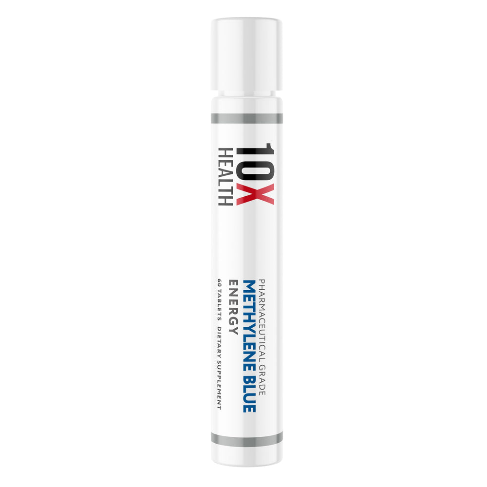 10X Health System Methylene Blue tablets black pepper extract label highlighting enhanced absorption potential.