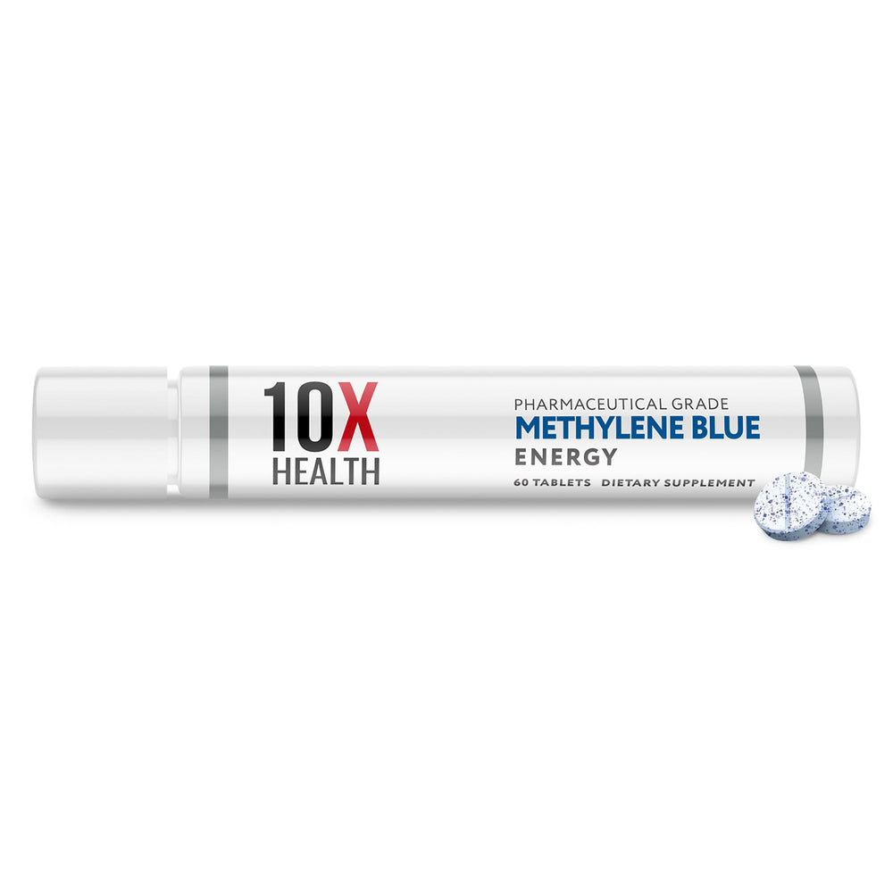 10X Health System Methylene Blue tablets bottle showcasing packaging for convenient daily energy support.