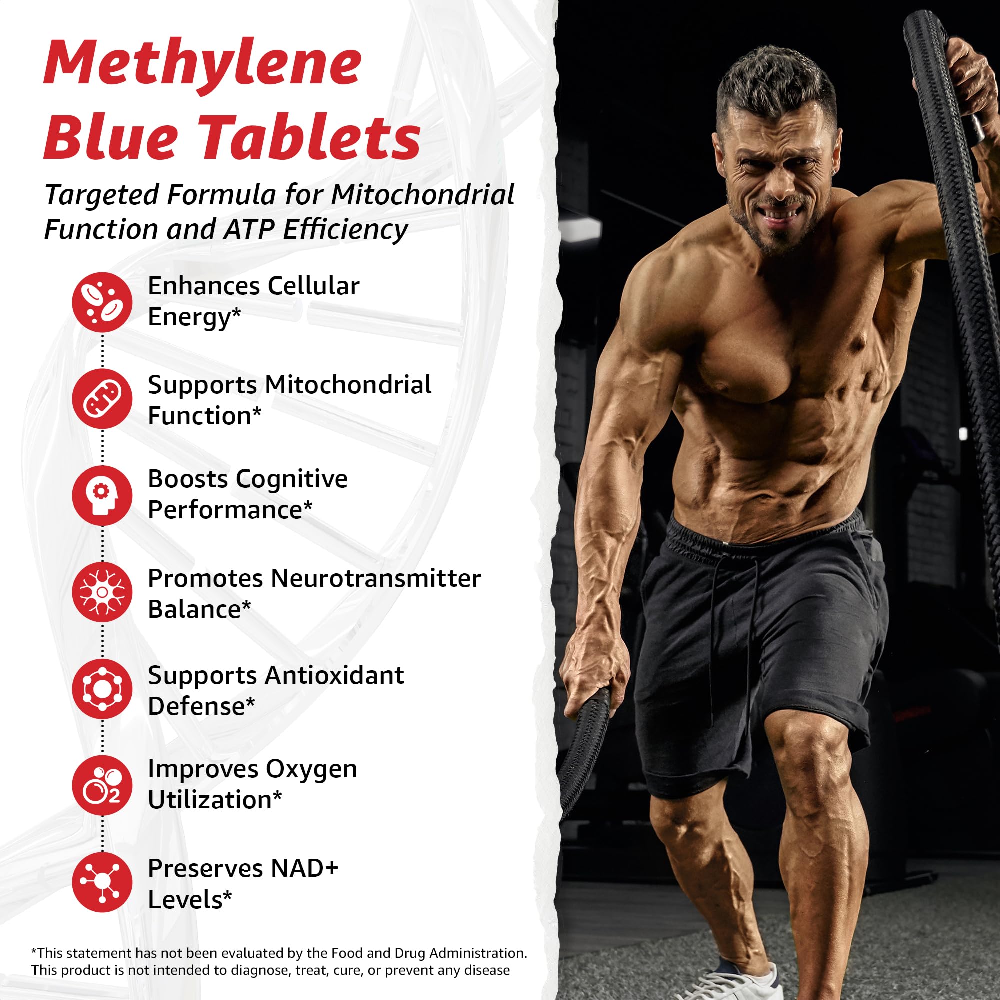 10X Health System Methylene Blue tablets pour showing quick intake and daytime energy support.