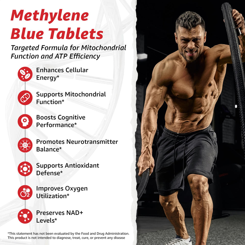 10X Health System Methylene Blue tablets pour showing quick intake and daytime energy support.