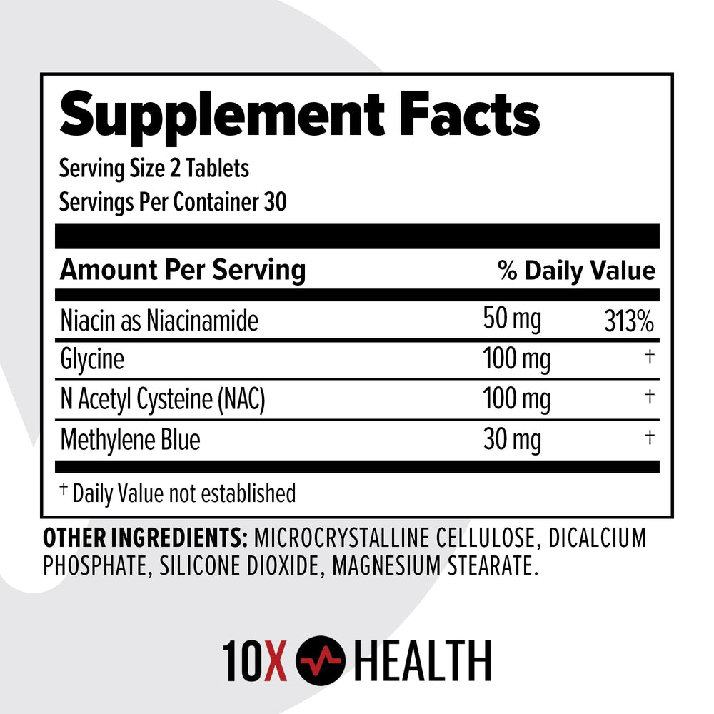 10X Health System Methylene Blue tablets tablet-detail closeup highlighting compact form for on-the-go use.