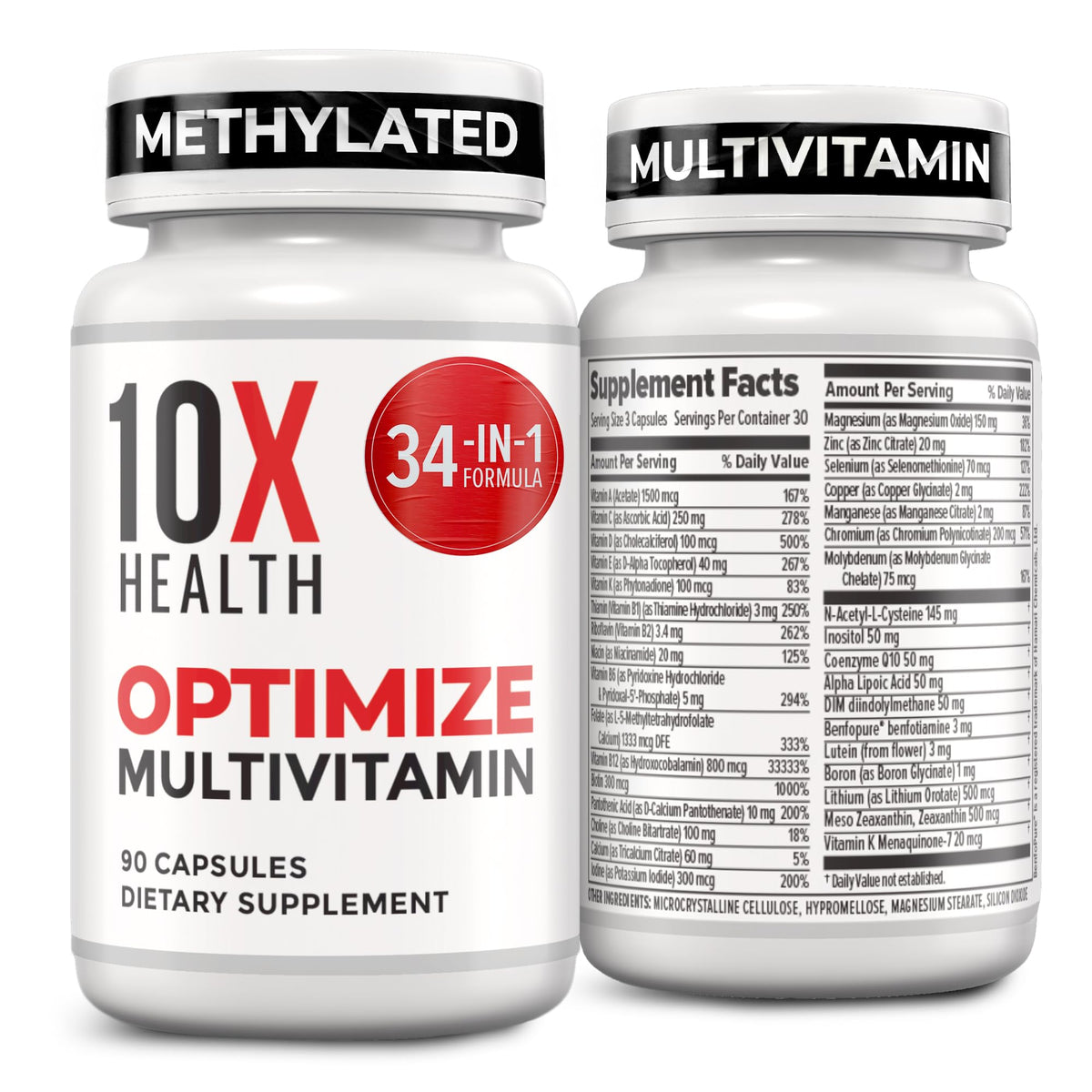 10X Health System Optimize Multivitamin bottle front showing 34‑in‑1 formula for daily support