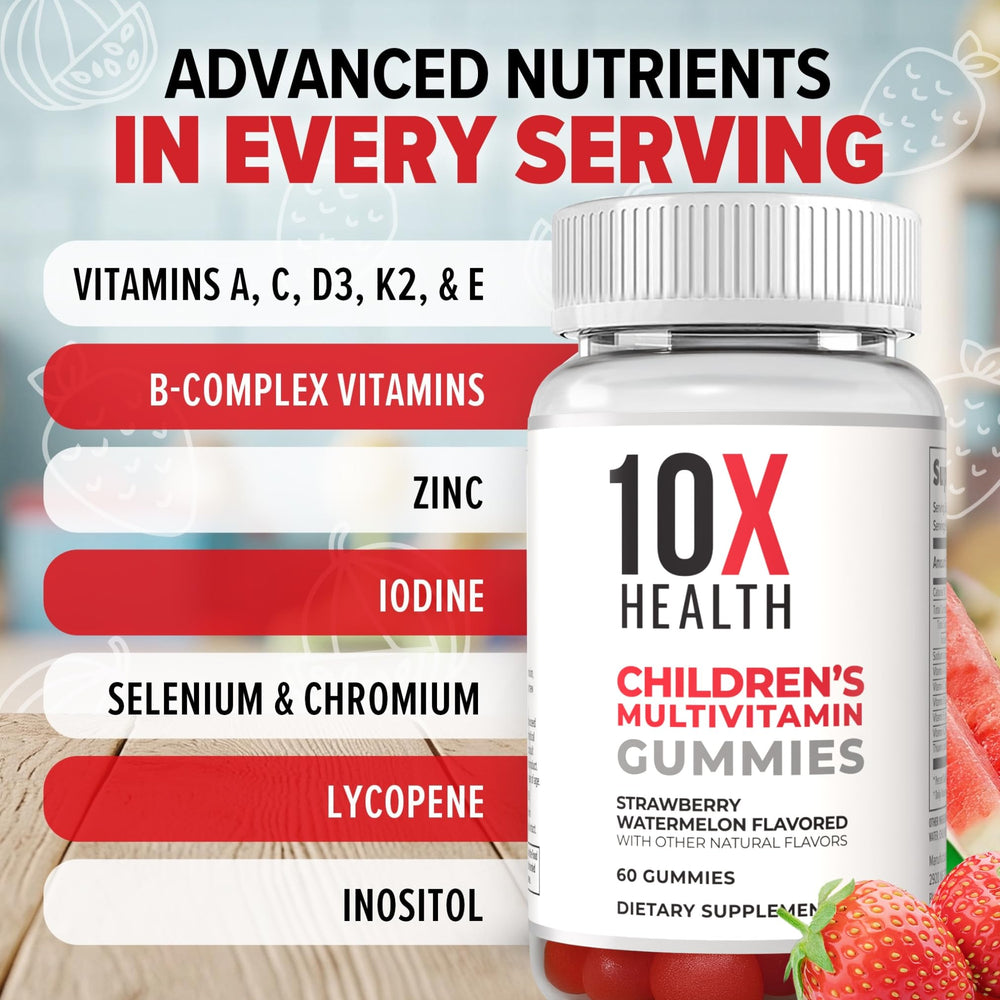 10X Health System strawberry watermelon flavored gummies appeal to kids' daily nutrition.