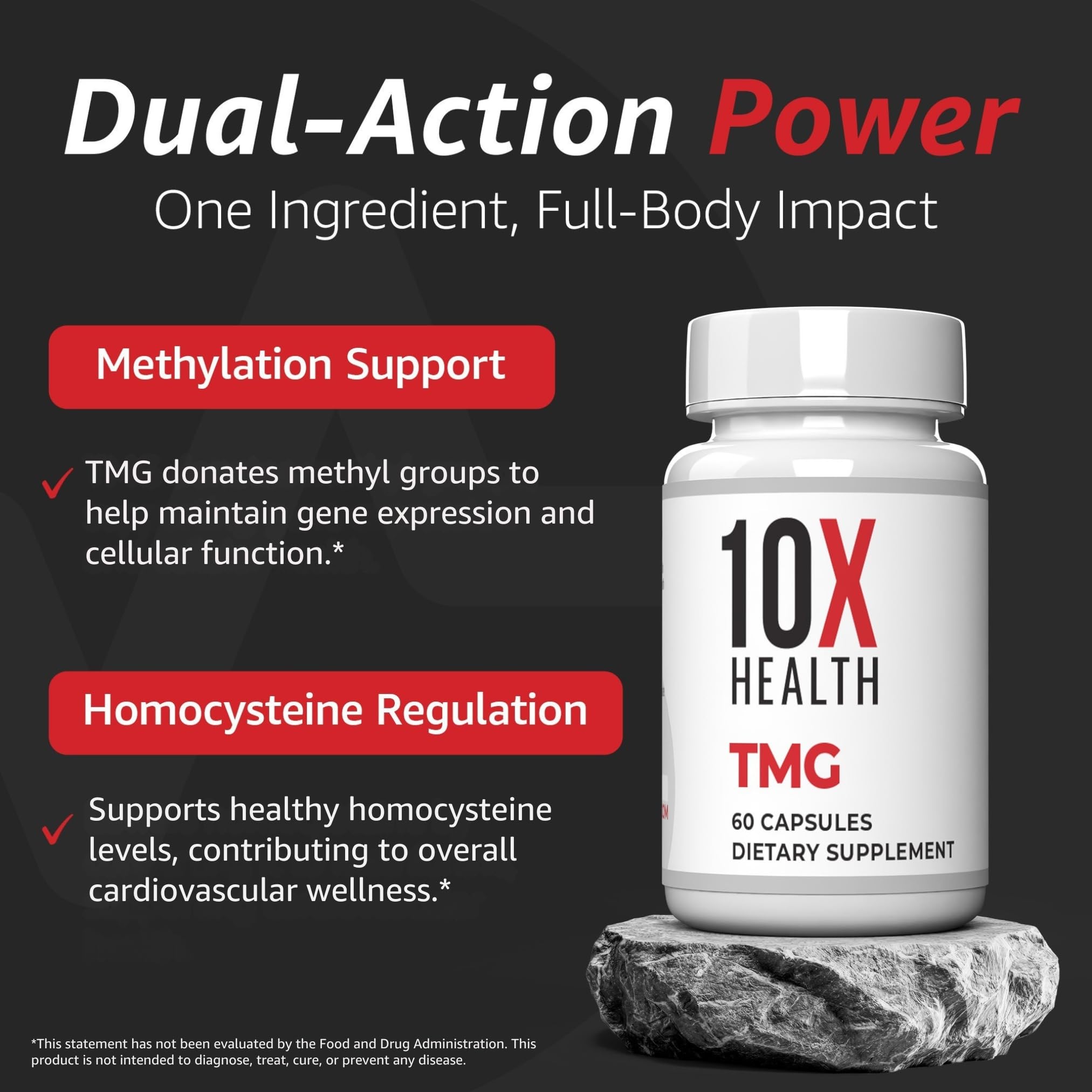 Close-up of 10X Health System TMG label indicating quality ingredients.